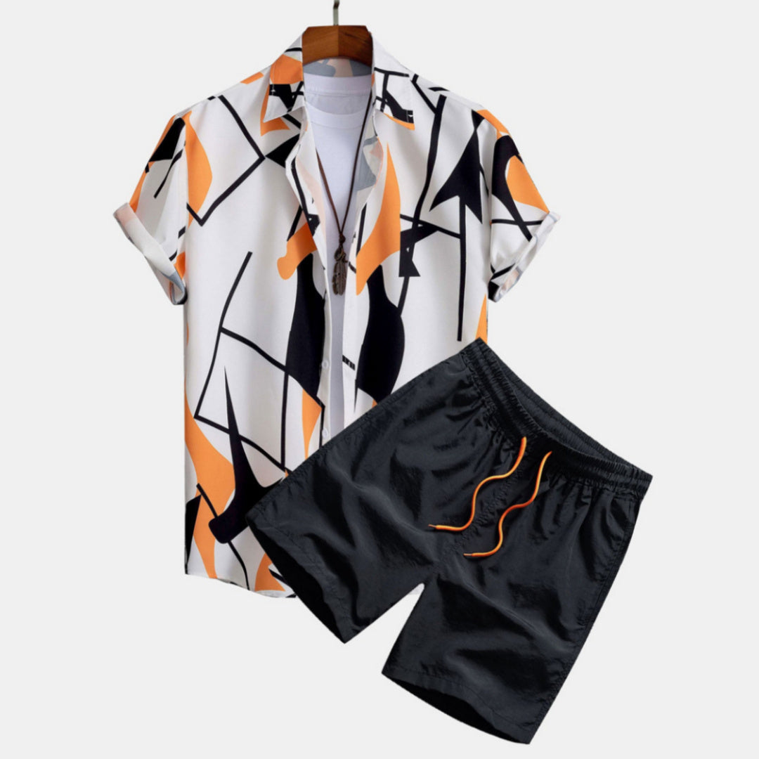 Men's Summer Set – Trendy Abstract Shirt and Shorts – Casual Style for Vacation and Leisure Time