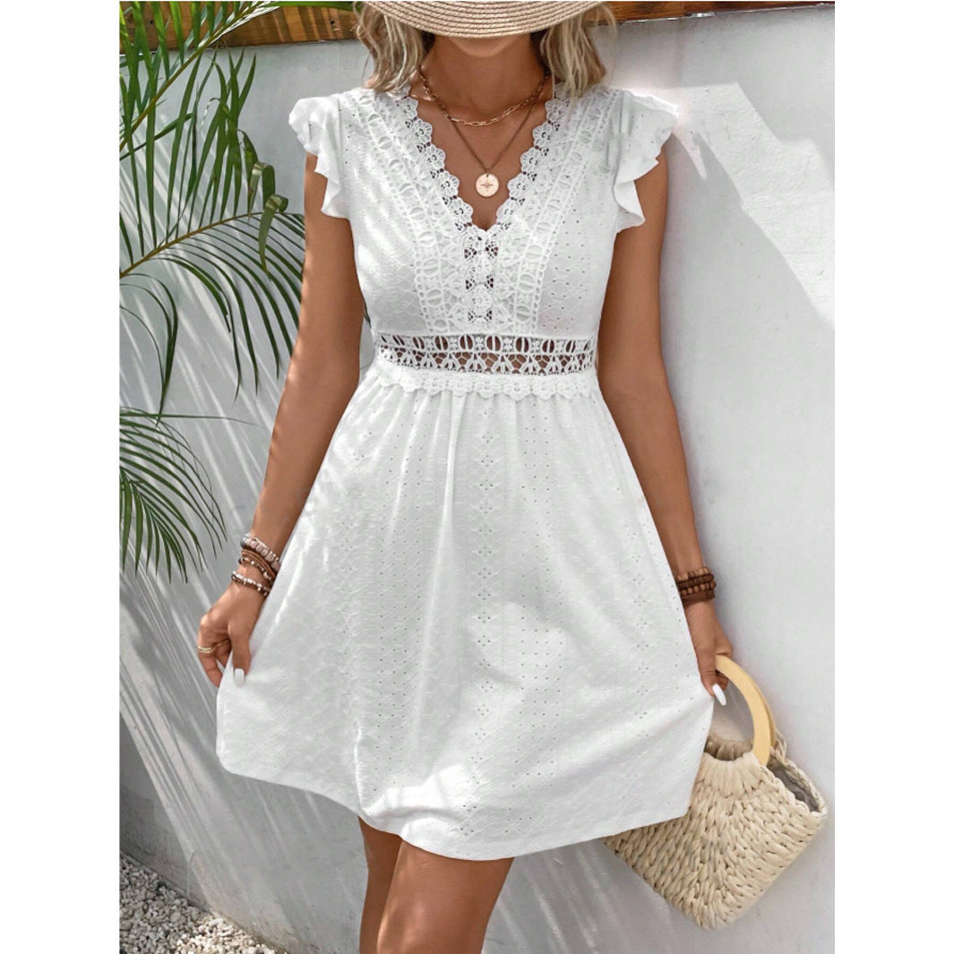 Elizabeth – Knitted Jacquard Dress with See-through Lace and Butterfly Sleeves