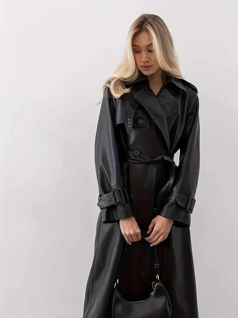 Women's Long Trench Coat – Fashionable Leather Jacket with Belt and Double Closure