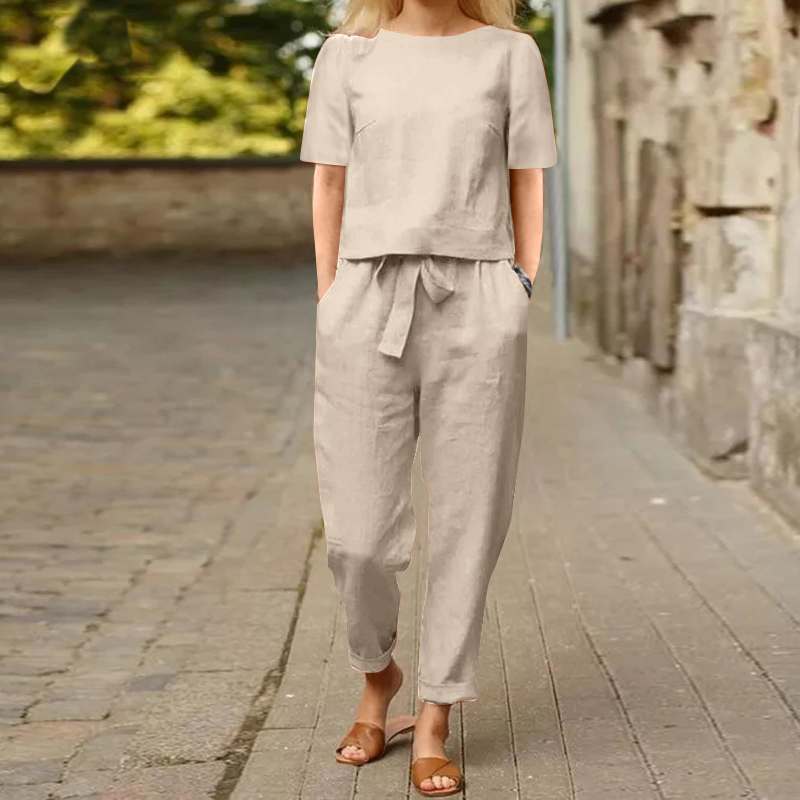 Women's Two-Piece Set with Pants – Minimalist Casual Outfit for Summer and Leisure Time