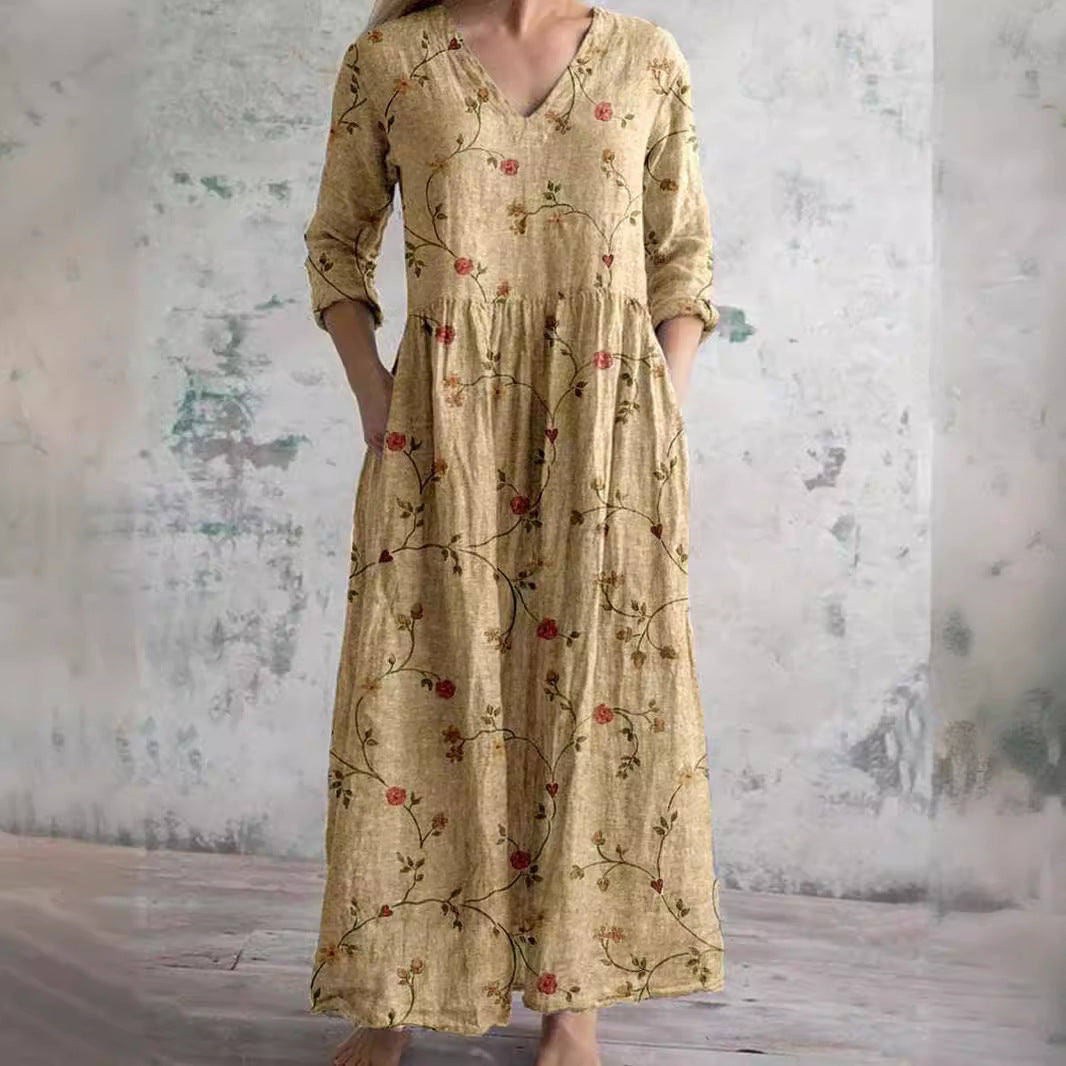 Women's Vintage Boho Maxi Dress with Floral Print and V-neck – Casual Elegance for Summer & Spring
