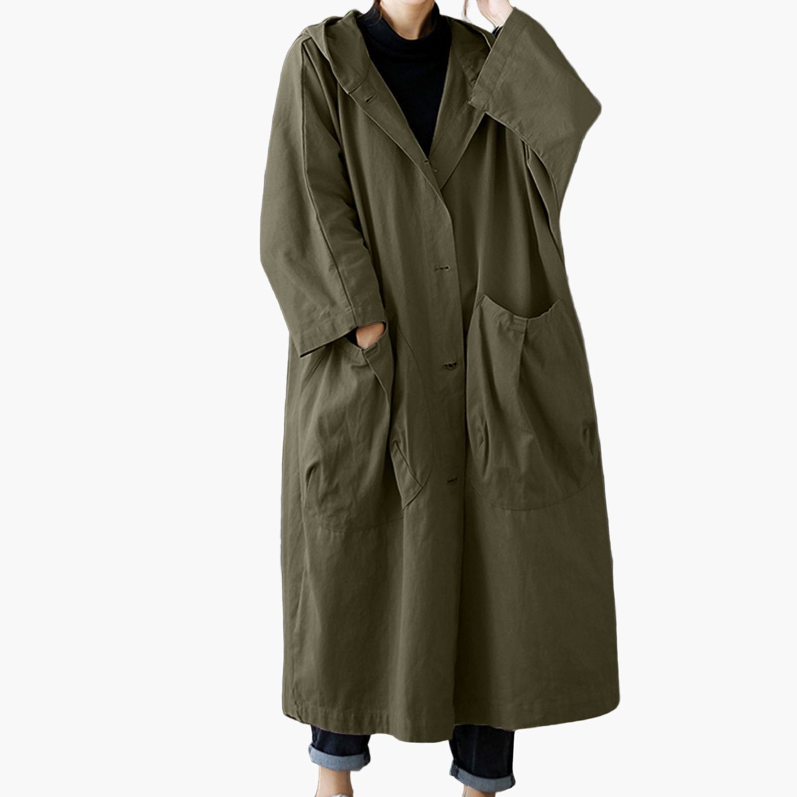 Women's Oversized Windproof Trench Coat with Hood and Large Pockets – Fashionable Long Jacket for Outdoor & Casual