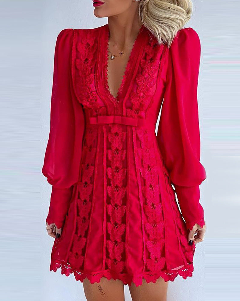 Georgina – Elegant V-Neck Lace Dress with Butterfly Sleeves
