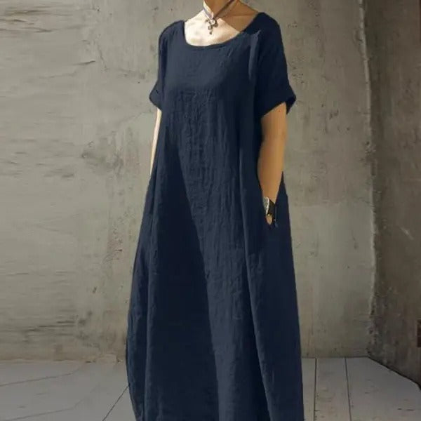 Linda – Cotton and Linen Dress with Round Neck and Short Sleeves