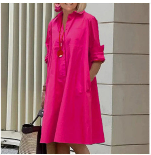 Women's Shirt Dress with Loose Silhouette and Rolled-up Sleeves