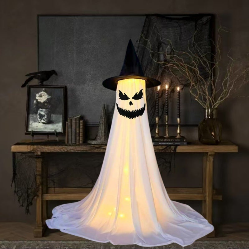 Halloween Decoration Ghost with Hat - Illuminated Ornaments for Party, Atmospheric Decoration and Trick-or-Treat