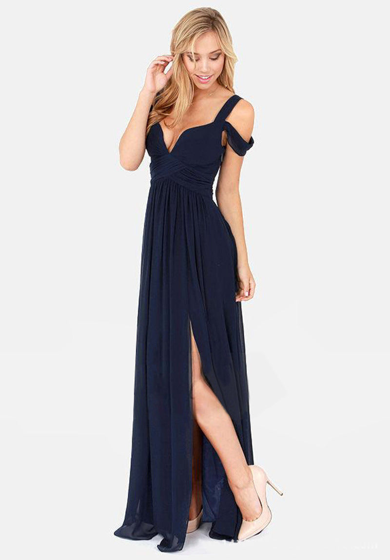 Ladies Chic Evening Dress with Shoulder Straps and Split
