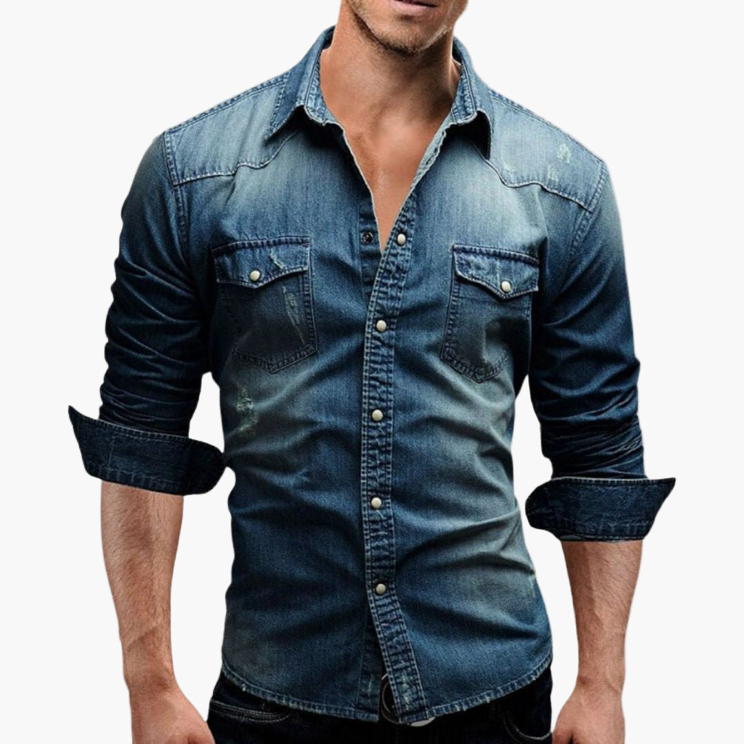 Men's Denim Western Shirt with Snap Button Closure - Timeless Casual Style