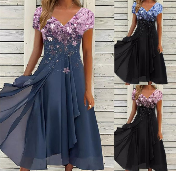 Ladies Elegant Evening Dress with Flower Detail and V-Neck