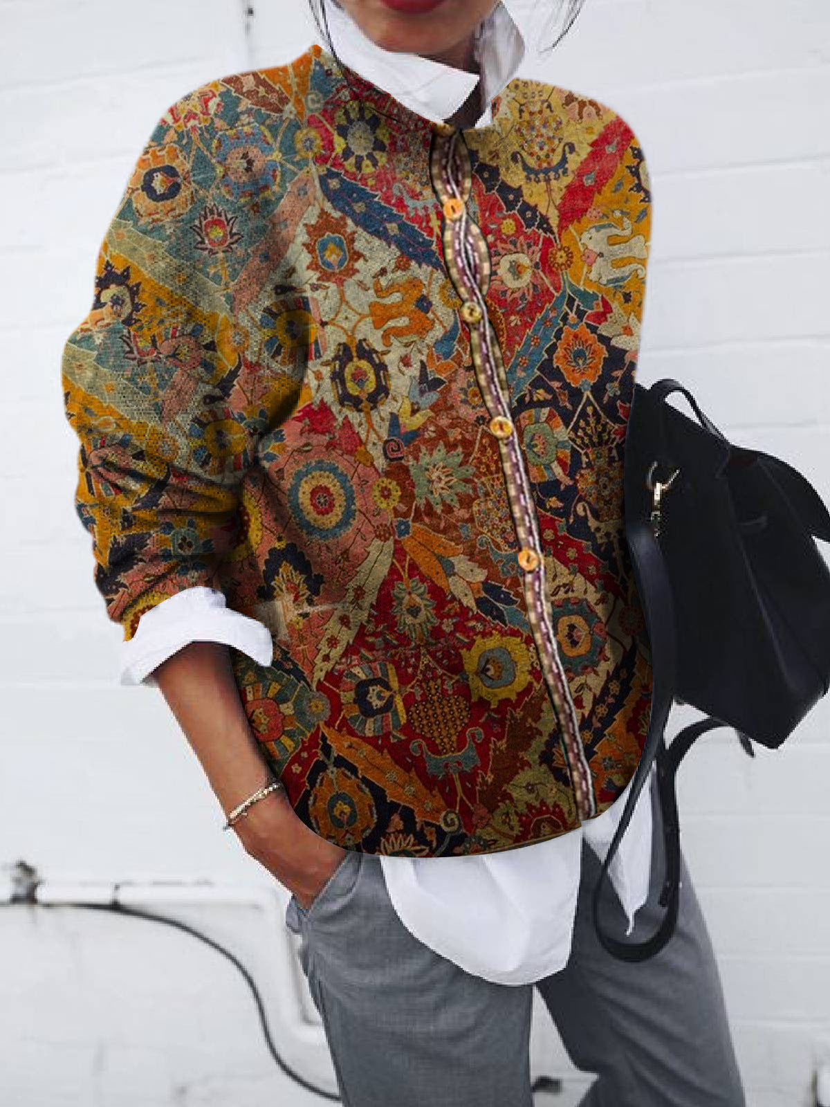 Claire – Geometric Brushed Cardigan with Long Sleeves