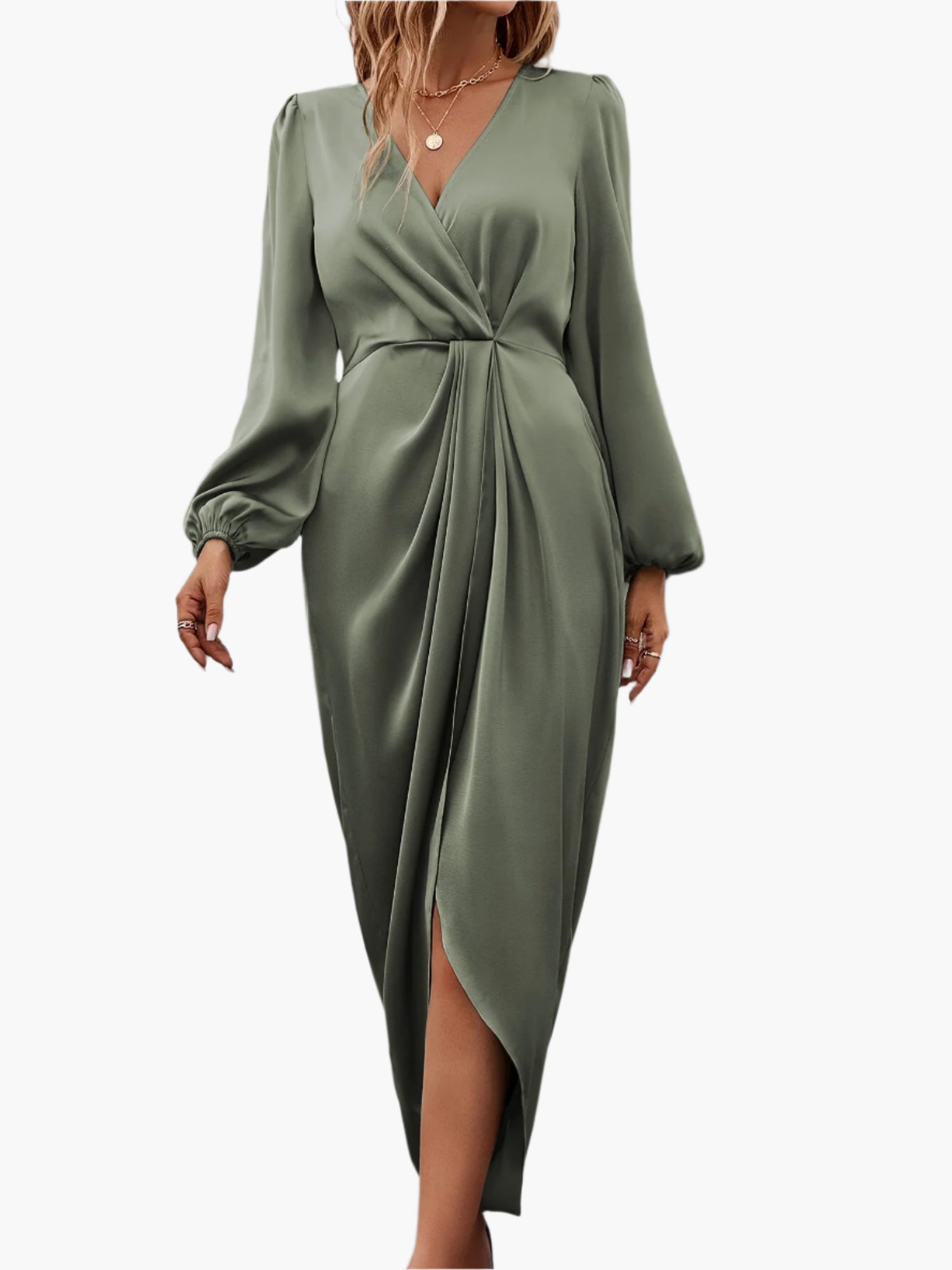 Chic ladies evening dress with long sleeves and elegant pleat detail