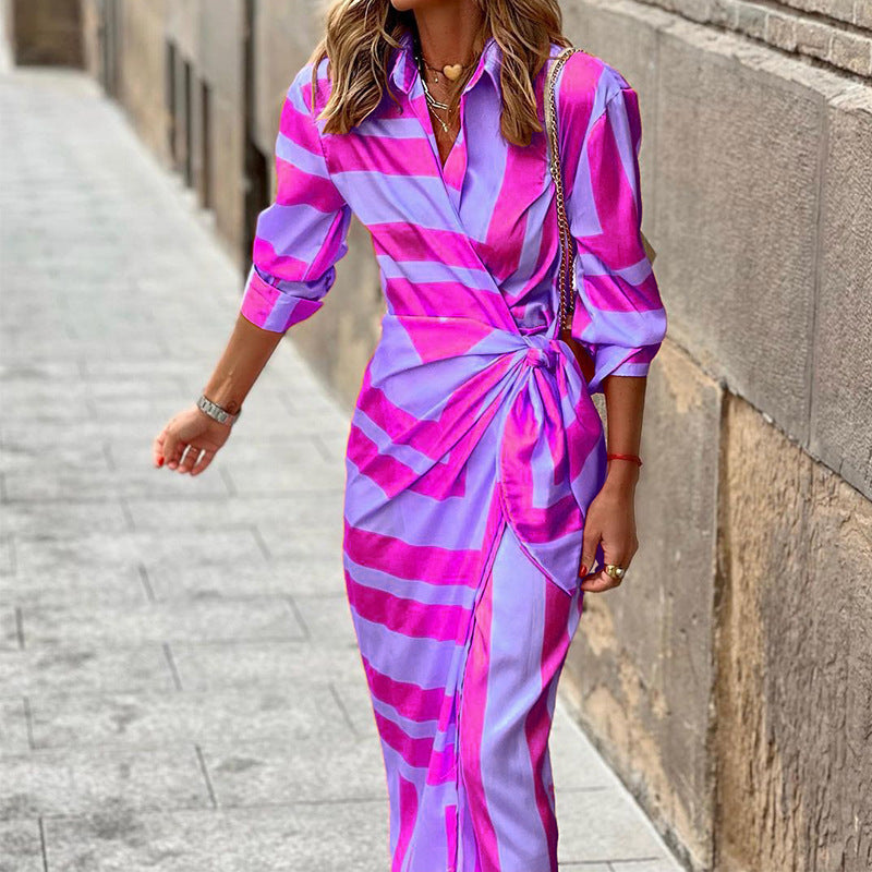Stylish women's wrap dress with bow detail and long sleeves for summer
