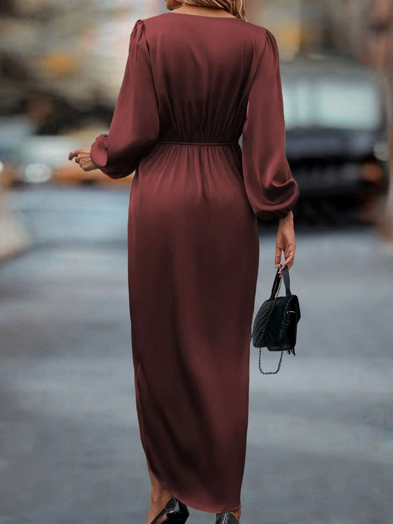 Women's Elegant Midi Dress with Wrap and Long Sleeves – Perfect for Evening and Business Use