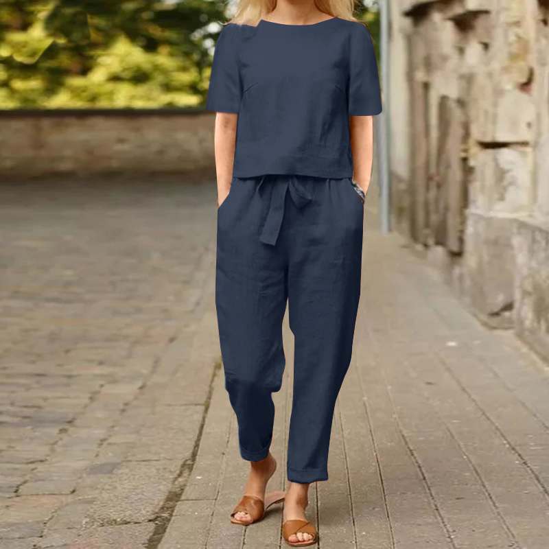 Women's Two-Piece Set with Pants – Minimalist Casual Outfit for Summer and Leisure Time