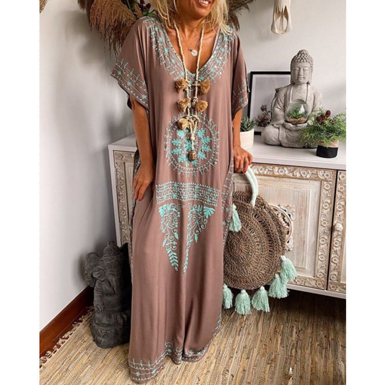 Judith – Loose Boho Print Maxi Dress with V-Neck