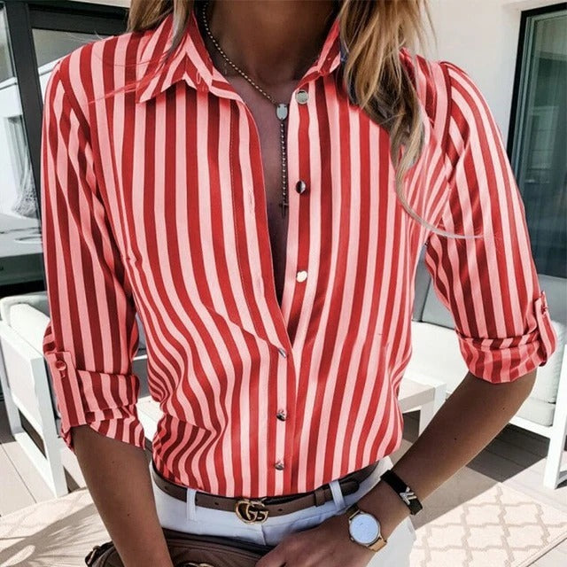 Women's Shirt with Vertical Stripes and Rolled-up Sleeves – Business & Trendy