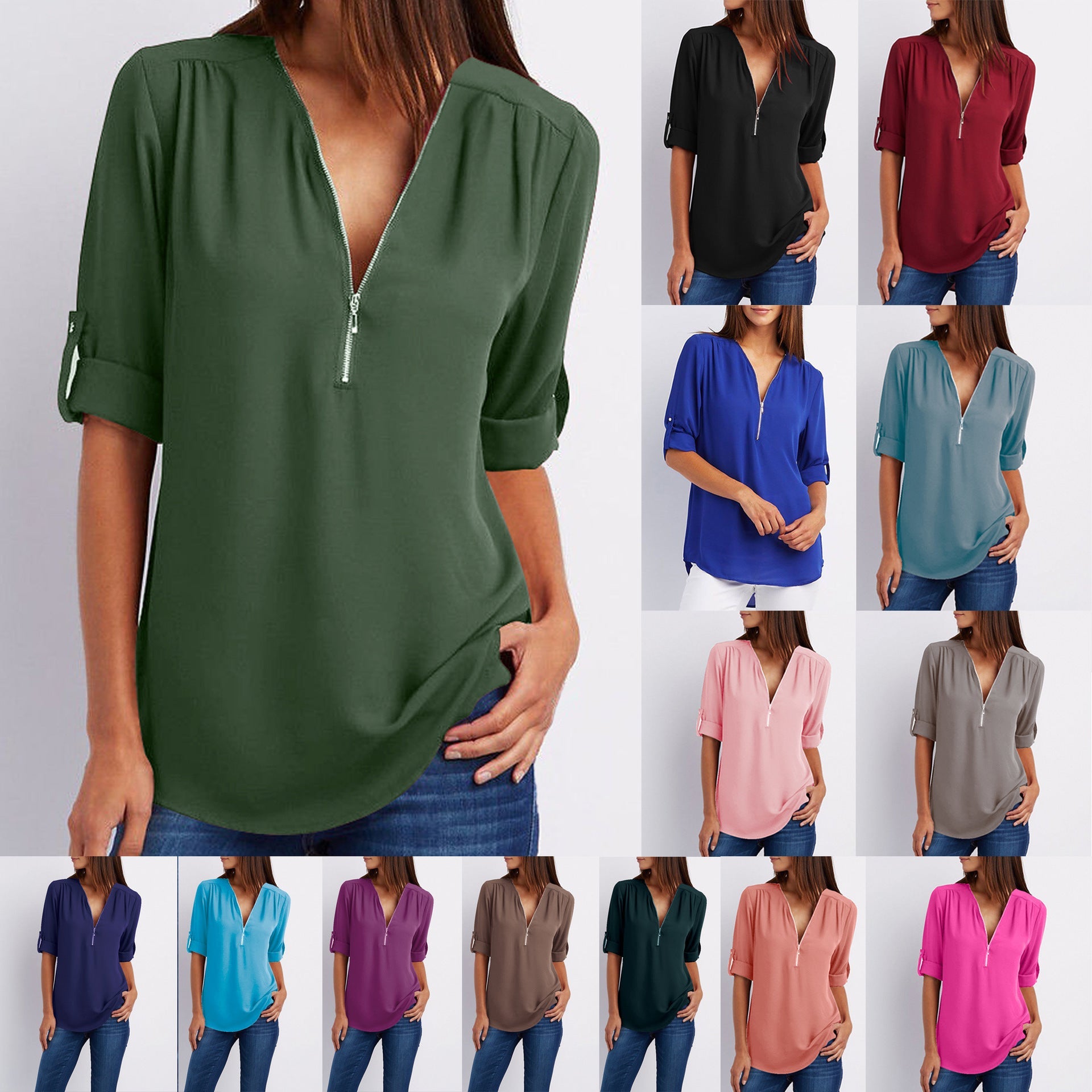 Denise – Zip V-neck Shirt Short Sleeve