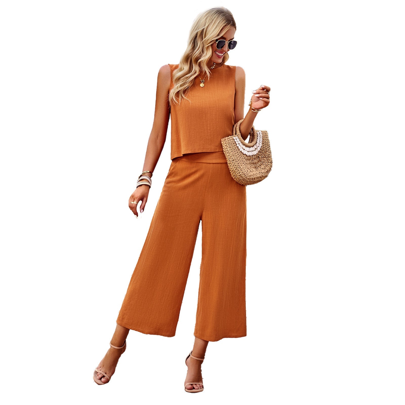 Women's Two-Piece Set with Sleeveless Top and Wide Pants – Elegant and Summery