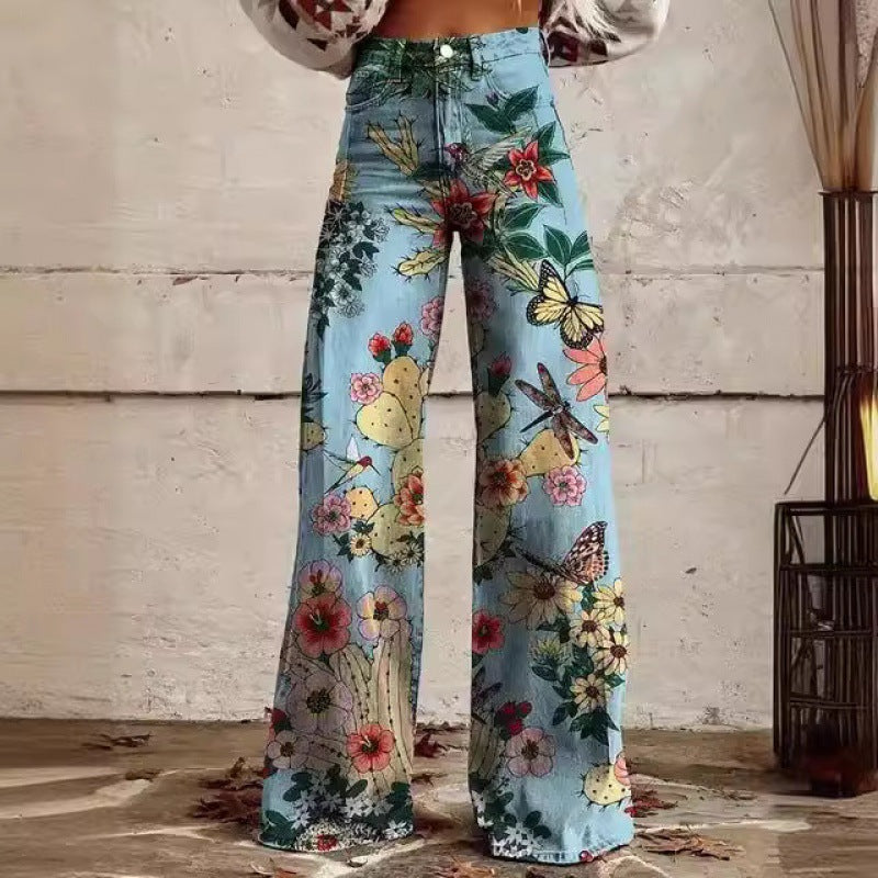 Charlotte – Printed High Waist Imitation Denim Wide Pants