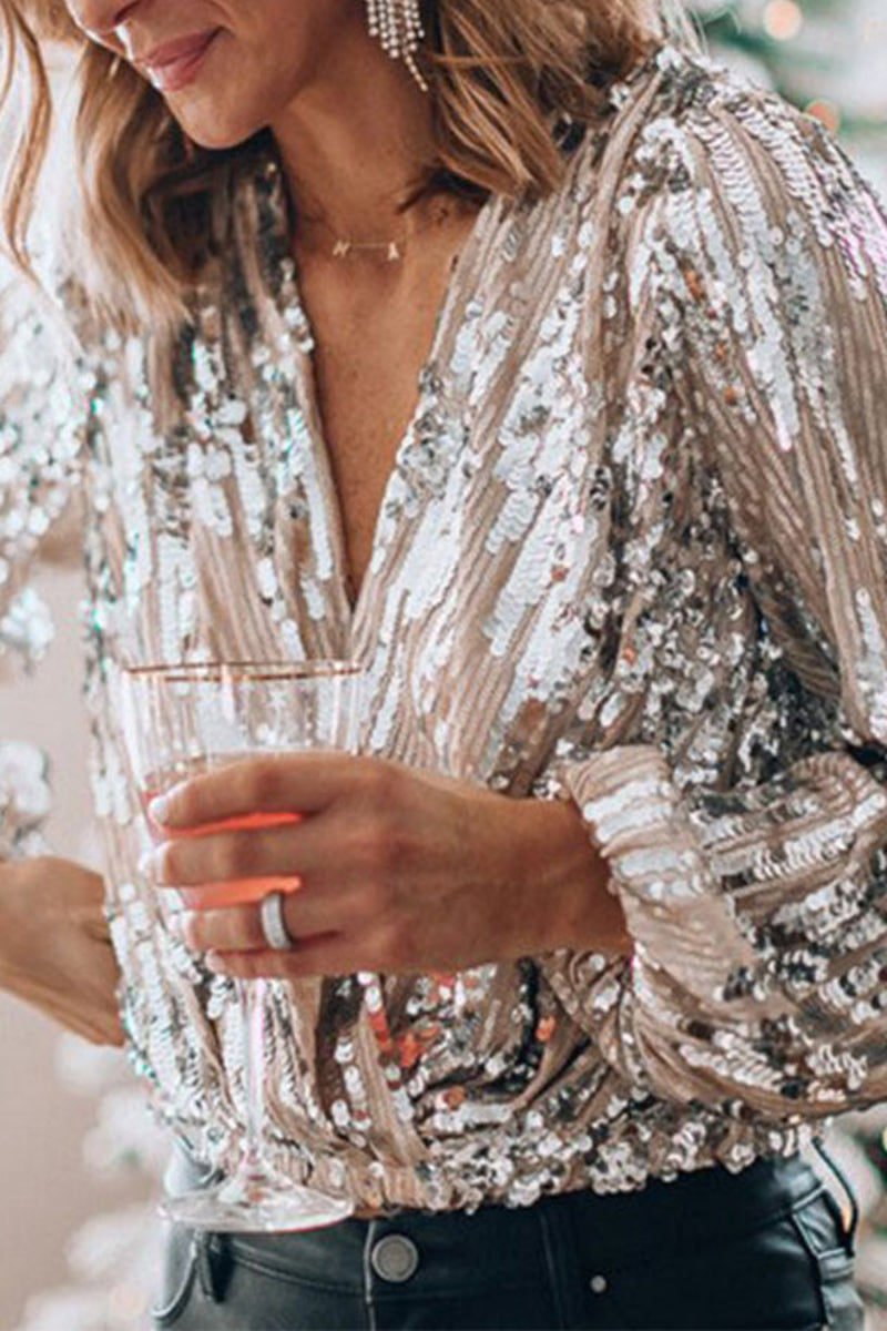 Ladies Sequin Blouse Luxury Party Chic Slim Fit V-Neck Top
