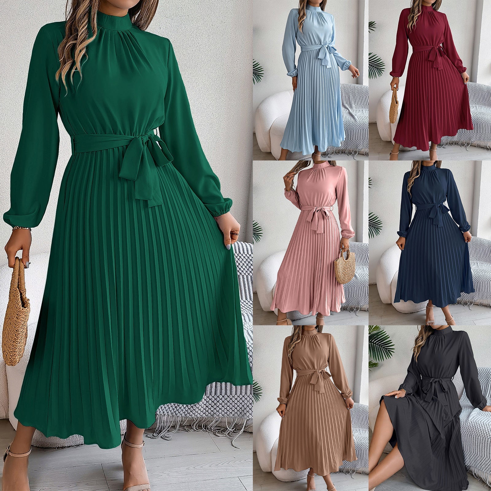 Women's Elegant Pleated Midi Dress with Bow Belt – Timeless Look for Work or Party