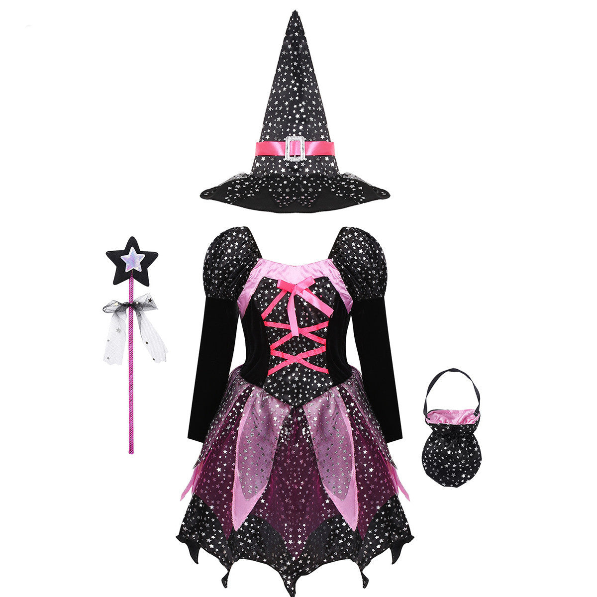 Girls Halloween Wizard Costume Set with Hat, Wand and Bag – Ideal for Parties & Trick-or-Treat