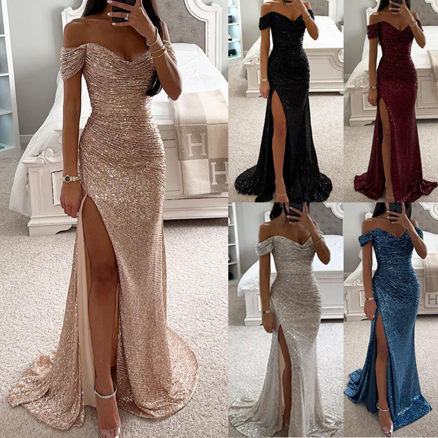 Elegant women's evening dress with off-shoulder fit and high slit