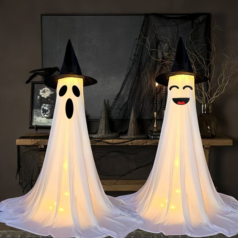 Halloween Decoration Ghost with Hat - Illuminated Ornaments for Party, Atmospheric Decoration and Trick-or-Treat