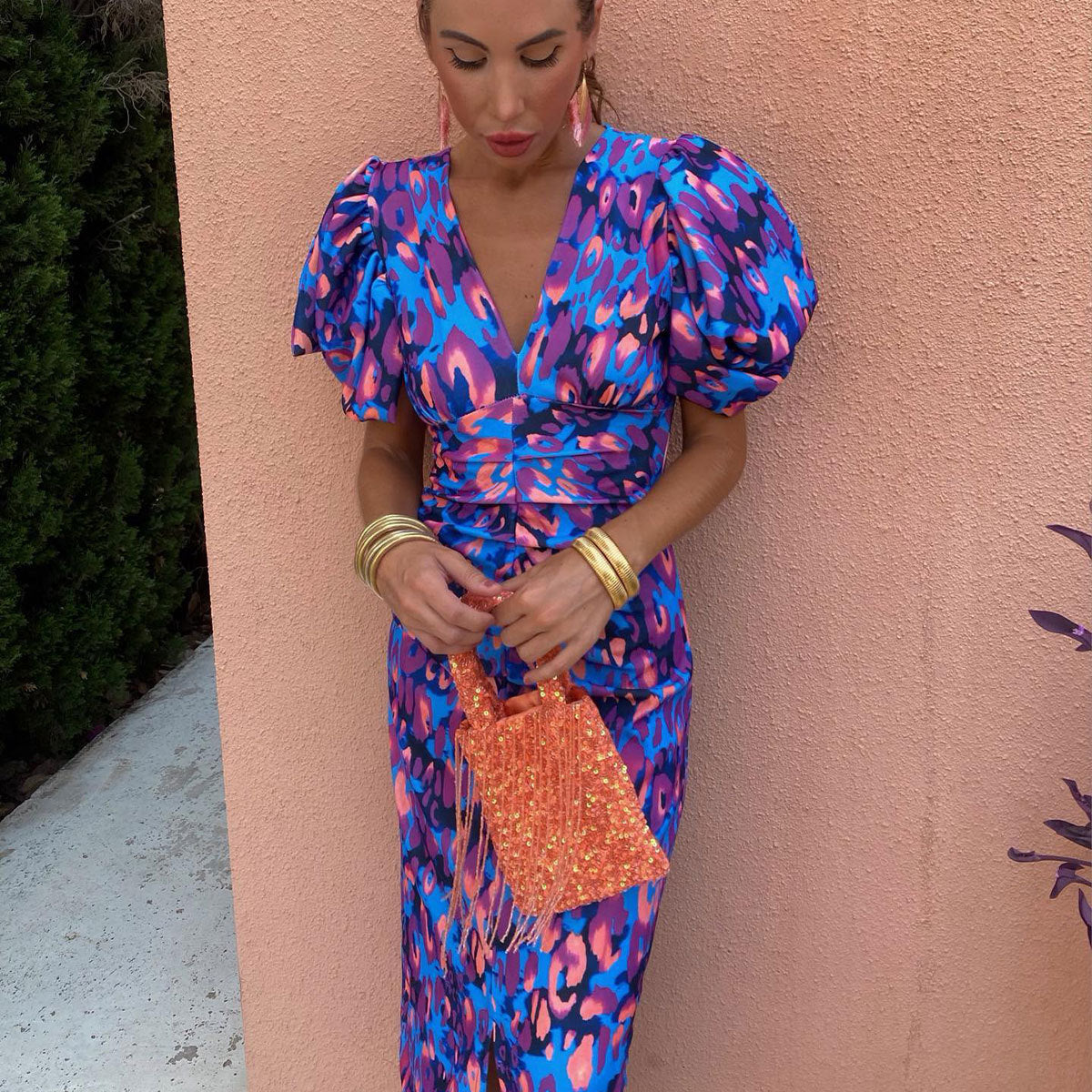 Women's Dress with Puff Sleeves and Elegant Print – Ideal for Parties and Summer Occasions