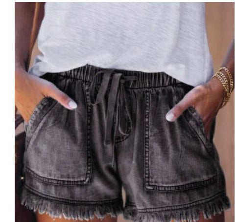 Leslie – Fringe elastic loose jeans shorts