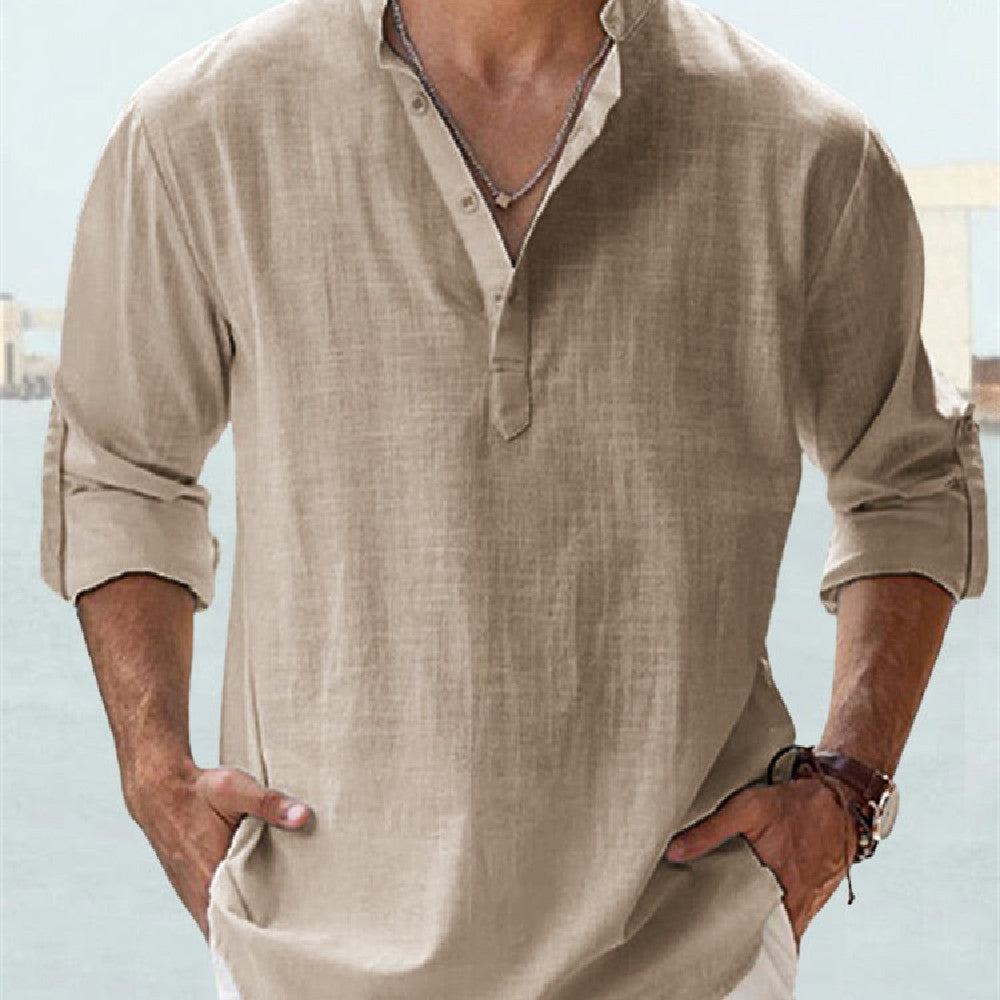 Men's casual tunic shirt with long sleeves for leisure and vacation