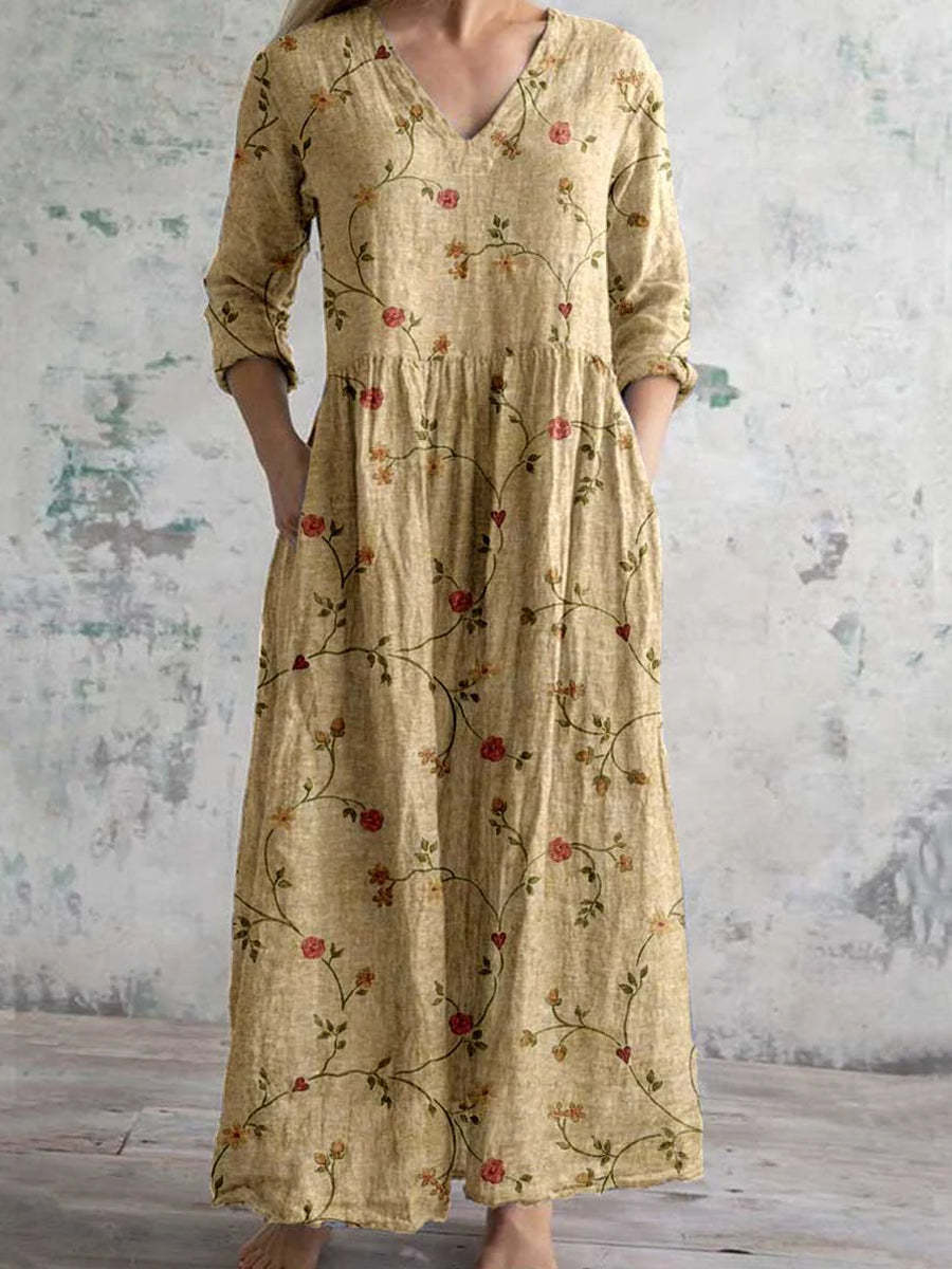 Women's Vintage Boho Maxi Dress with Floral Print and V-neck – Casual Elegance for Summer & Spring