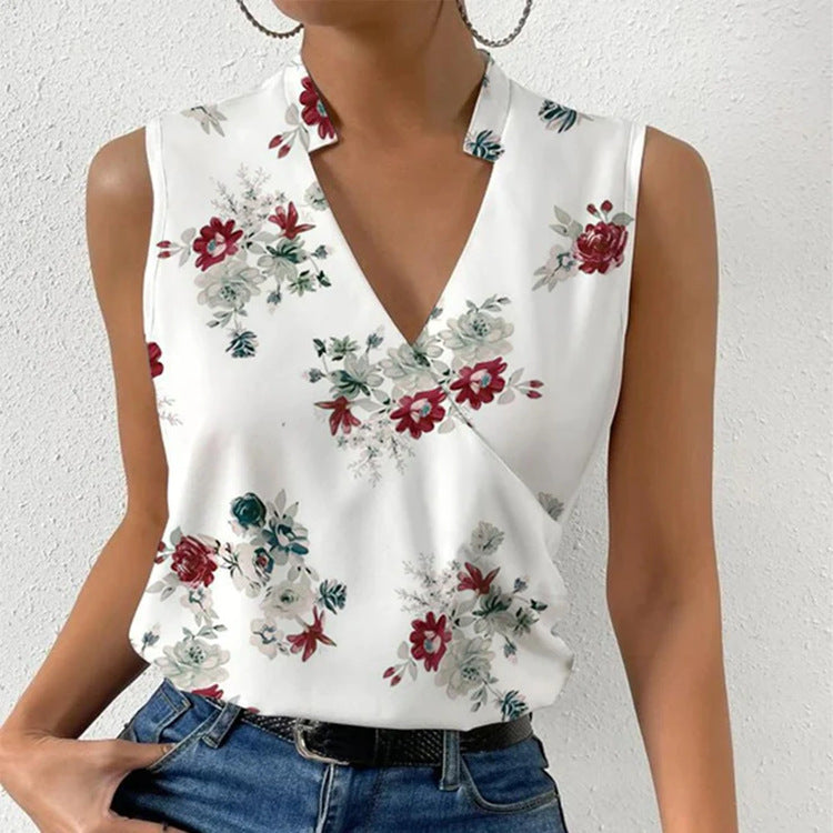 Amelia – Summer Sleeveless V-neck T-shirt with Print
