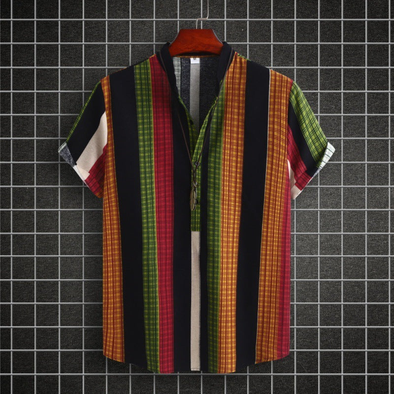 Cameron – Ethnic Style Striped Cotton-linen Shirt with Standard Collar