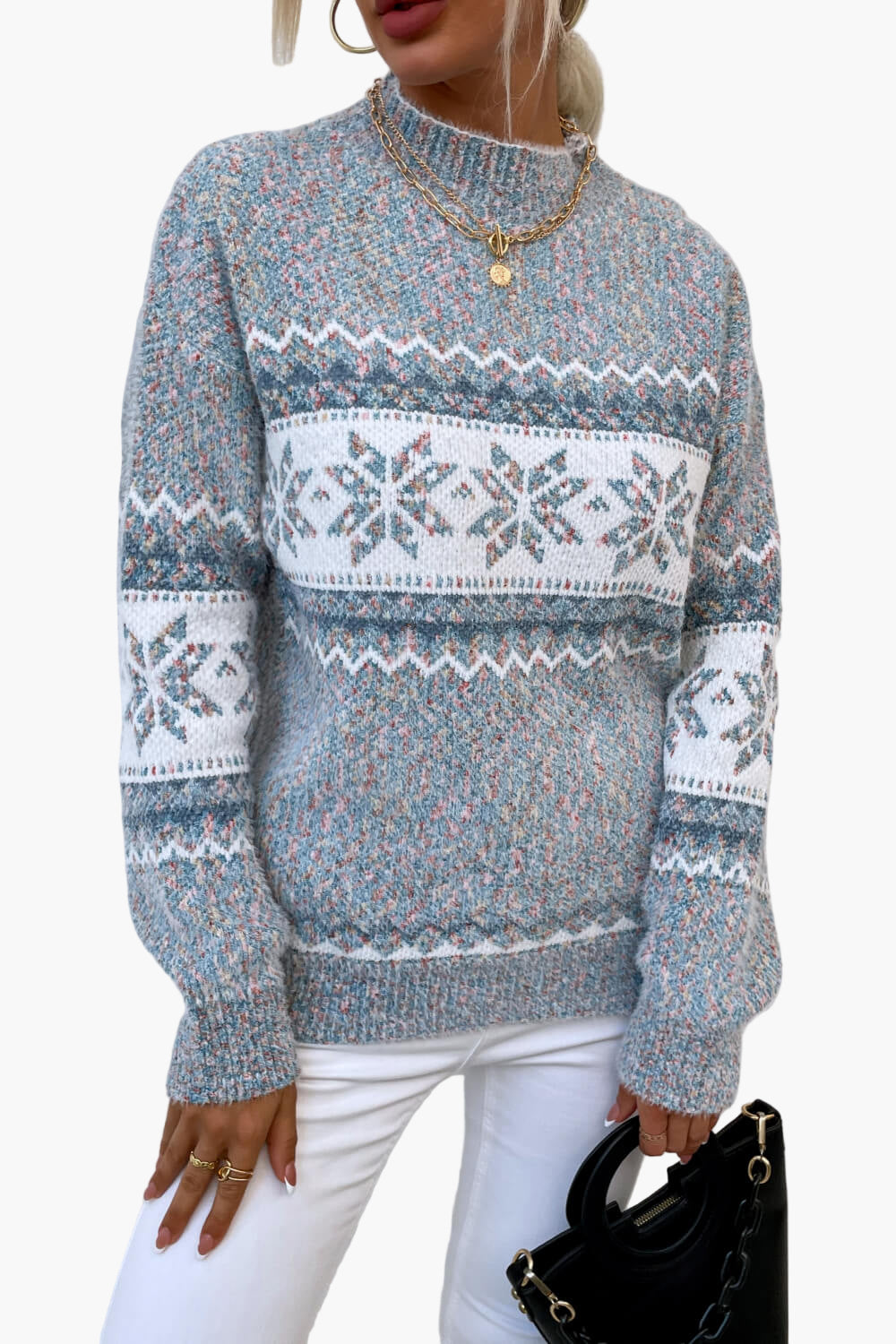 Women's Knitted Winter Sweater with Scandinavian Pattern – Comfortable Casual Snowflake Sweater