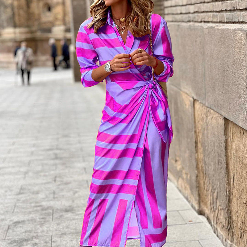 Stylish women's wrap dress with bow detail and long sleeves for summer