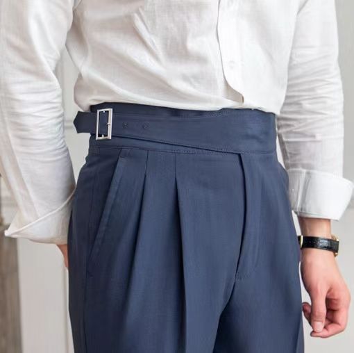 Men's High Waist Pleated Trousers – Classic Pants with Adjustable Band