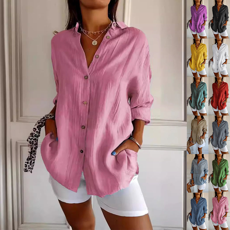 Women's blouse with long sleeves – loose-fitting button-down tunic top for daily use