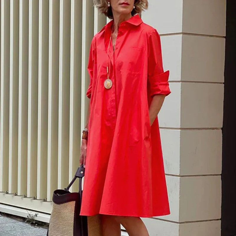 Women's Shirt Dress with Loose Silhouette and Rolled-up Sleeves