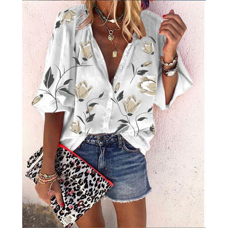 Women's Loose-Fitting Floral Blouse with Button Closure – Casual Boho Summer Look