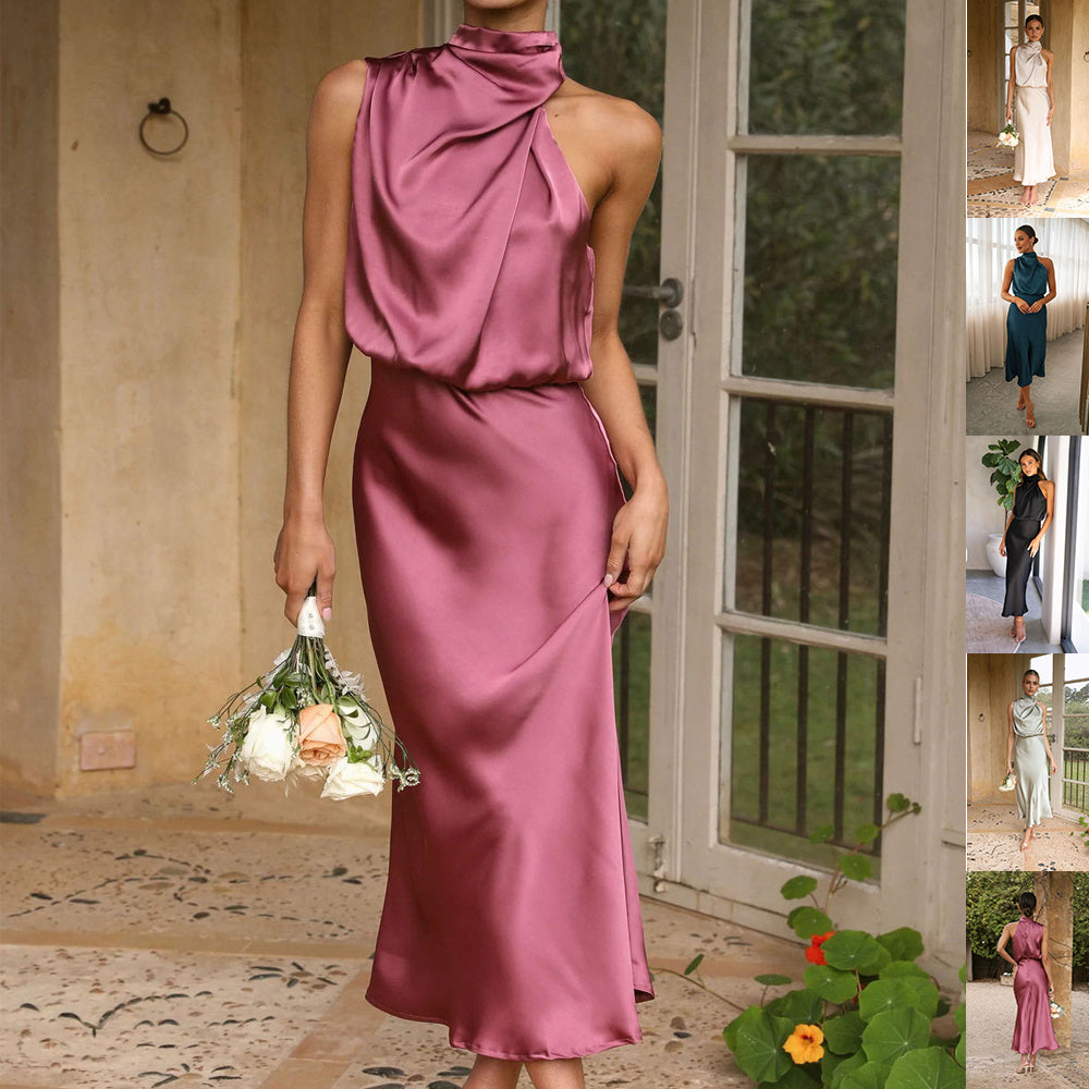 Ladies Elegant Evening Dress with Asymmetric Neckline
