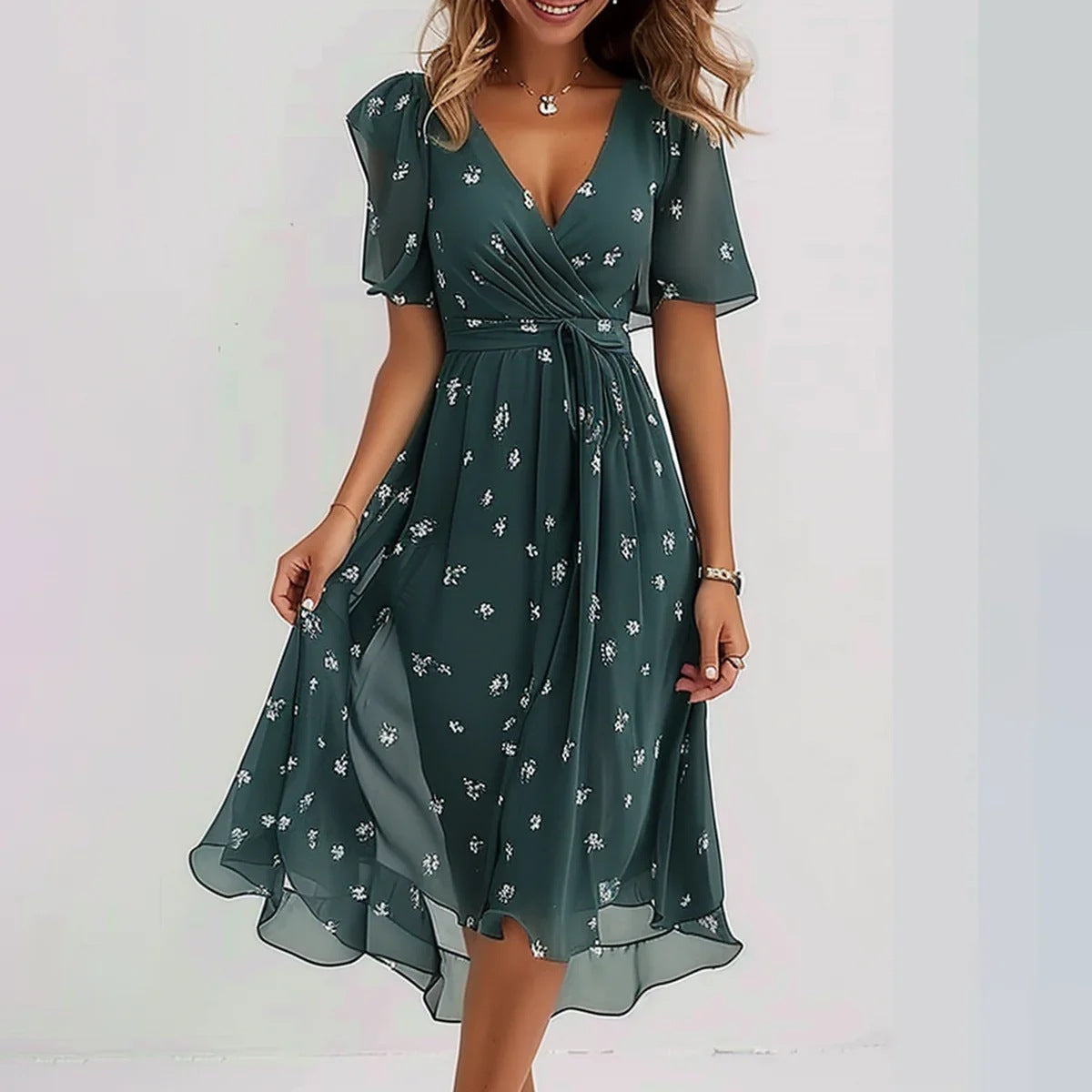 Women's wrap dress with floral pattern and elegant chiffon look
