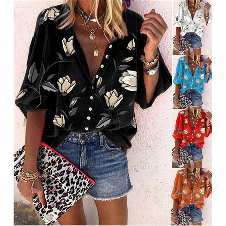 Women's Loose-Fitting Floral Blouse with Button Closure – Casual Boho Summer Look