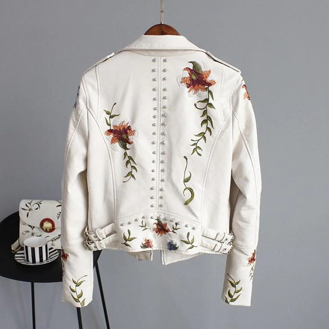 Women's Embroidered Motorcycle Jacket with Flowers – Stylish and Trendy Spring Summer