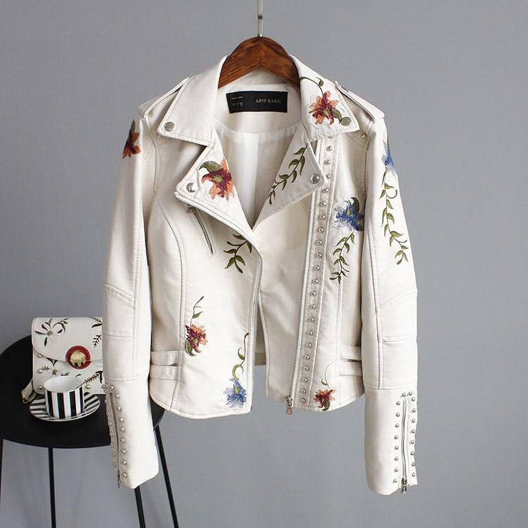Women's Embroidered Motorcycle Jacket with Flowers – Stylish and Trendy Spring Summer