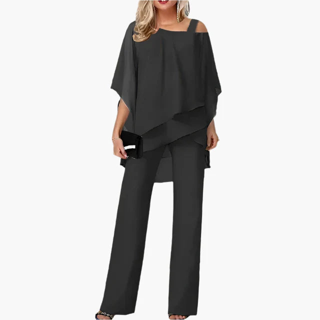 Ladies Chic Set with Off-Shoulder Top and Elegant Pants – Perfect for Festive Occasions