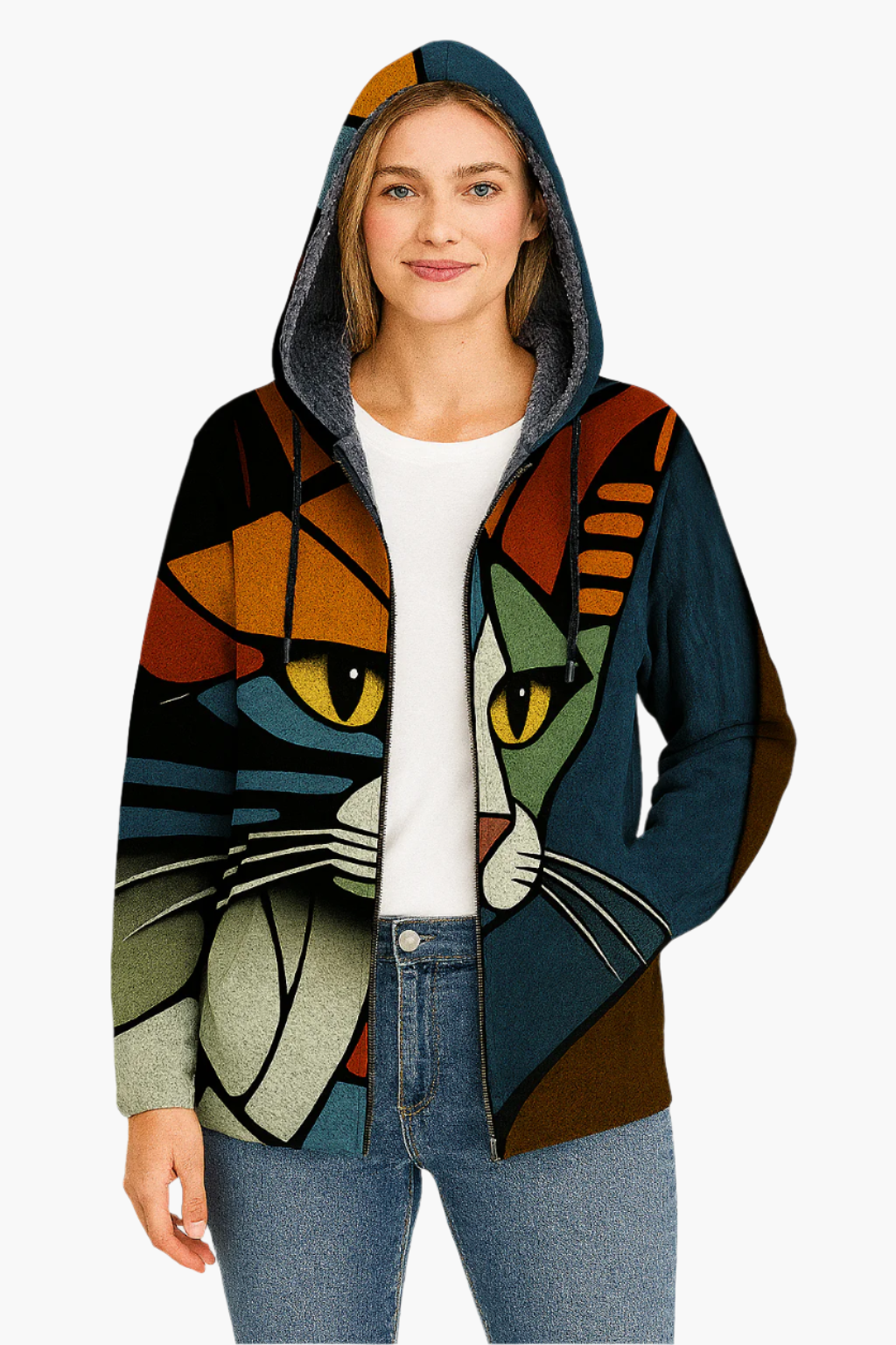 Women's Hoodie with Artistic Cat Print – Comfortable Creative Streetwear