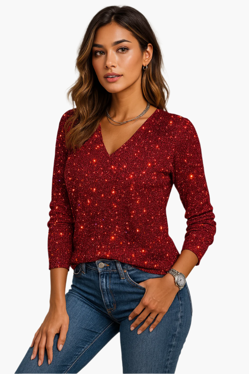 Ladies Glamorous Party Top with V-neck and Sparkling Sequins – Ideal for Festive and Elegant Occasions