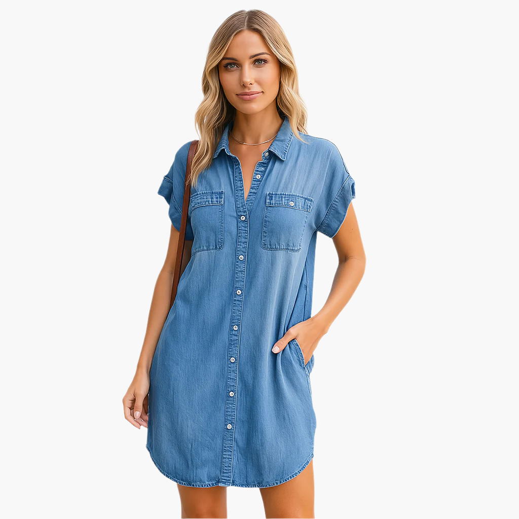 Women's Casual Jeans Dress – Comfortable V-neck Shirt Dress for Daily Use