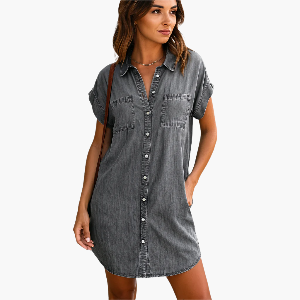 Women's Casual Jeans Dress – Comfortable V-neck Shirt Dress for Daily Use